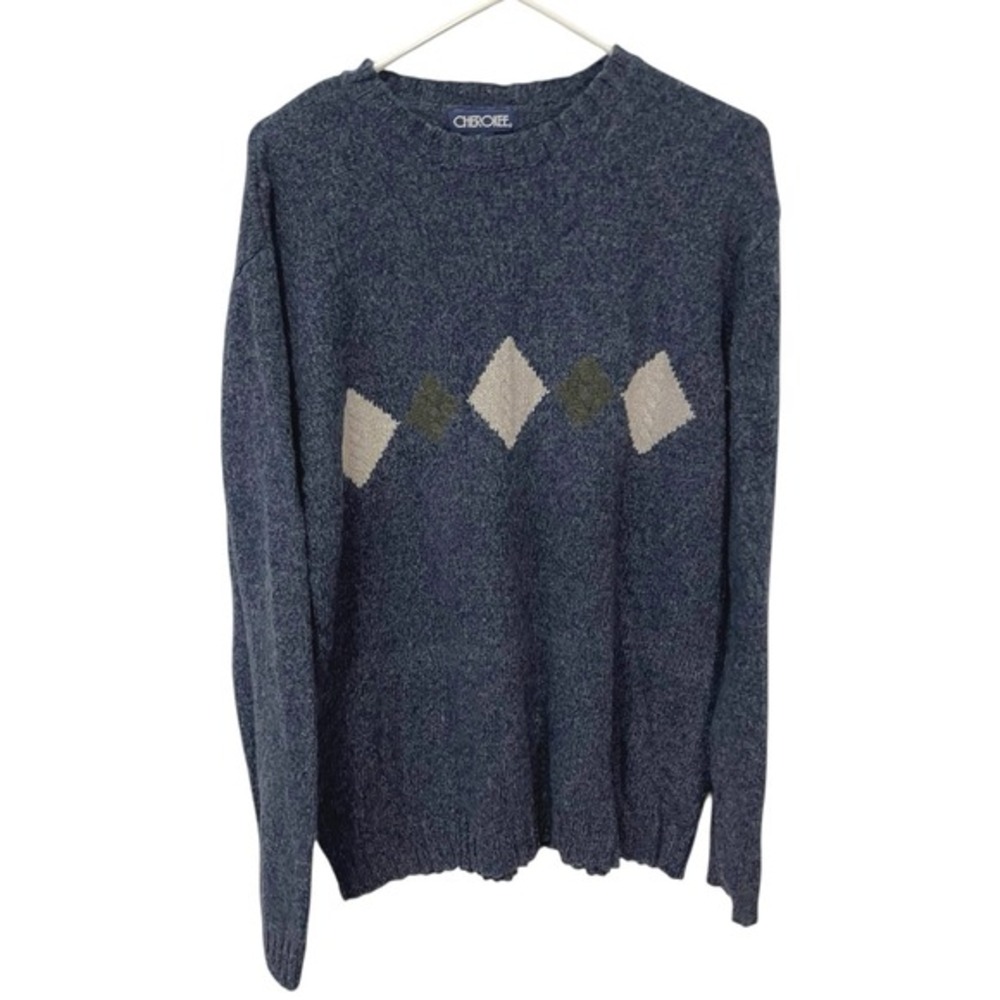Vintage Cherokee XL Blue Sweater Argyle Ramie Wool Blend Knit Old School 90's‎